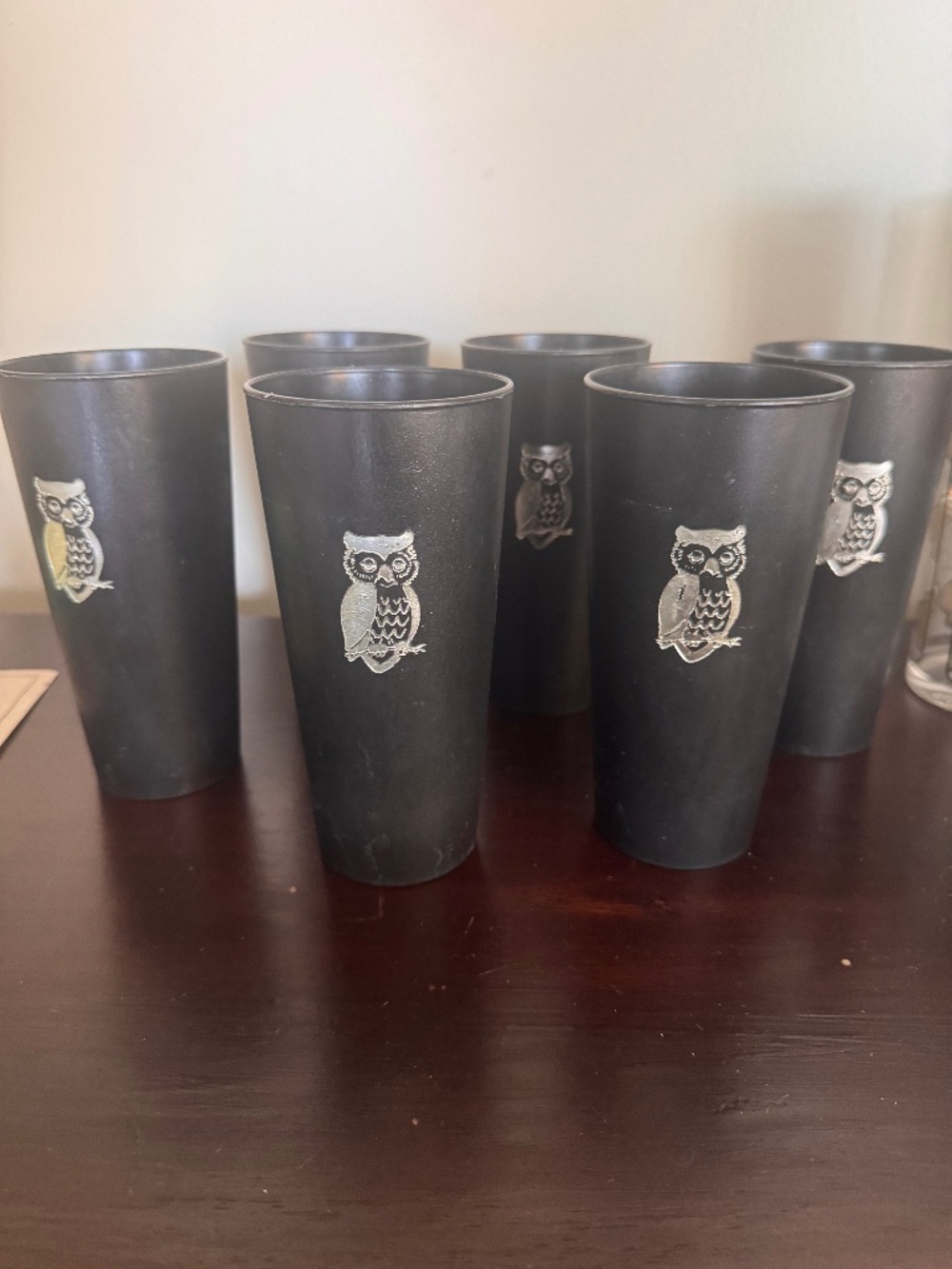 Vintage Mid Century Black & Silver Owl Tumblers - Set of 6
